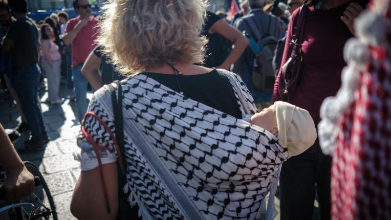 Baby in her keffiyeh. End genocide and Zionism protest, Torino.