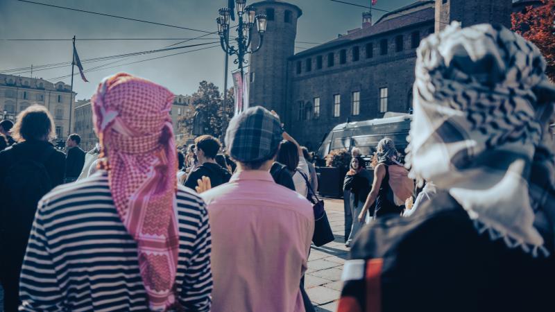Keffiyehs in solidarity. End genocide and Zionism protest, Torino.